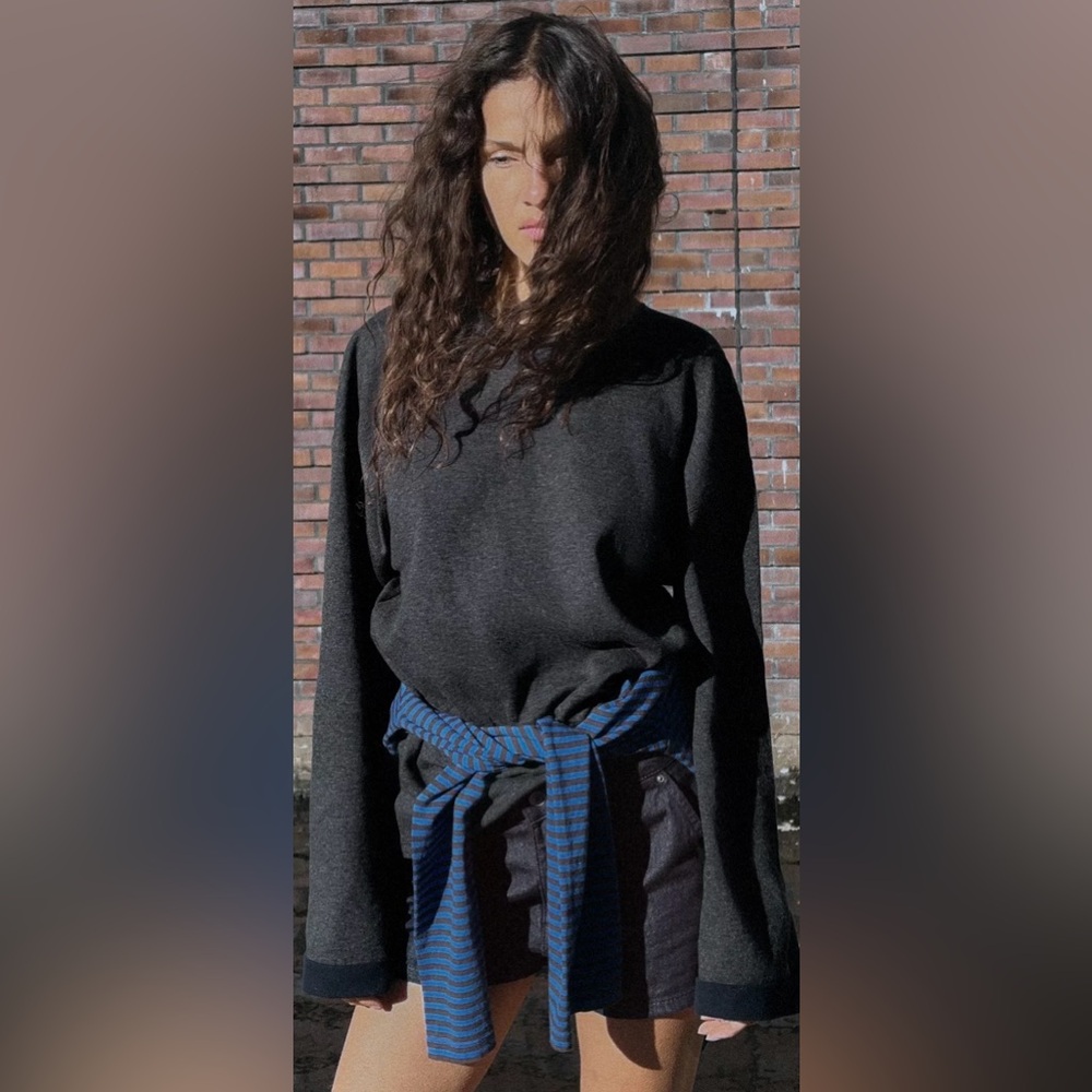 ZARA Anthracite Gray Cotton Knit Black Trim Sweater Large NWT - Picture 2 of 13